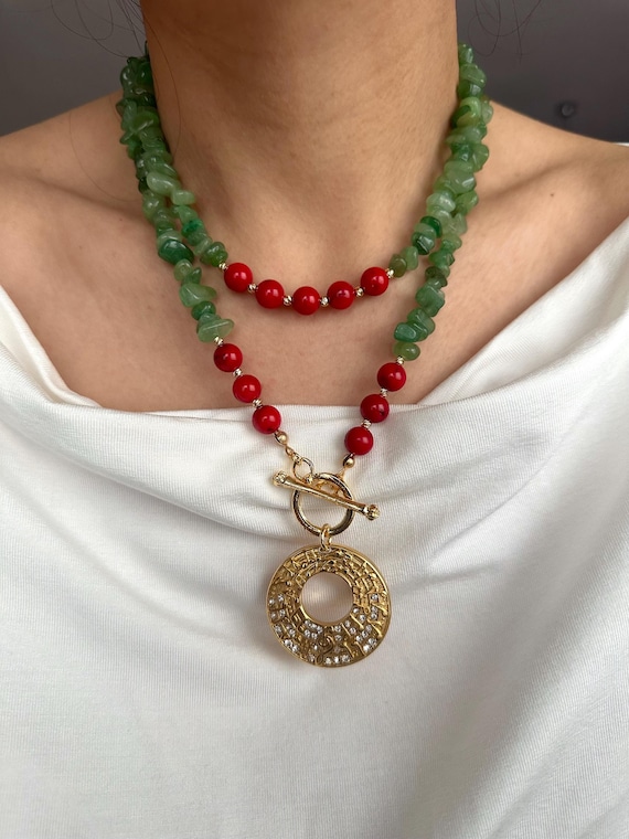 Aventurine Red Coral Gold Filled Toggle Necklace,Modern Gemstone Jewelry,Gift For Women