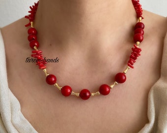 Red Coral Gold Plated Necklace with Rod and Round Coral - Gift for Her, Anniversary Gift - Rod Coral Necklace - Round Coral Necklace