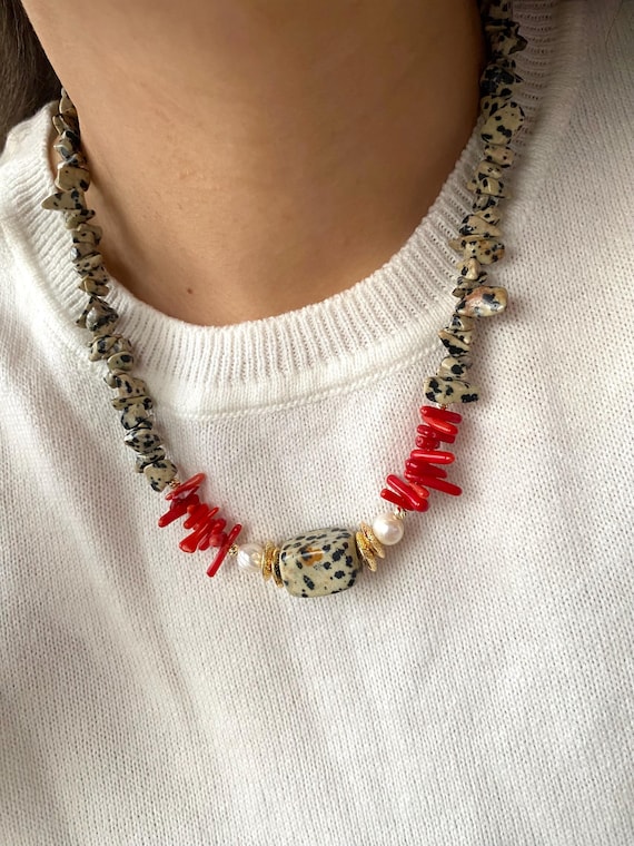 Dalmatian Jasper Red Coral Necklace, Gold Plated Boho Pearl Statement Jewelry