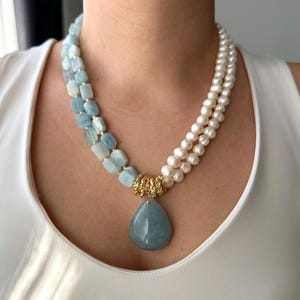 Aquamarine & Pearl Multistrand Necklace: Boho Gemstone Pendant
