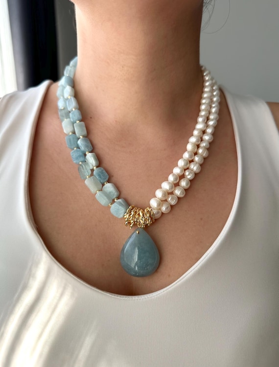 Aquamarine & Pearl Multistrand Necklace: Boho Gemstone Pendant