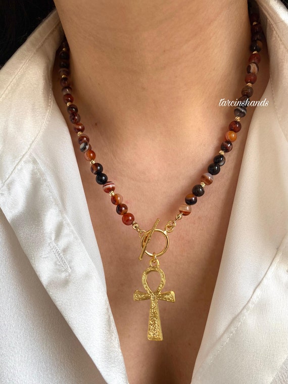 Agate Ankh Pendant Necklace, Egyptian Key of Life Symbol, Gold Plated Beaded Jewelry, Spiritual Protection Talisman, Ancient History Gift