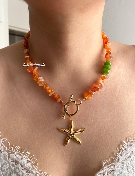 Orange Botswana Agate Necklace: Jade & Starfish Toggle Clasp