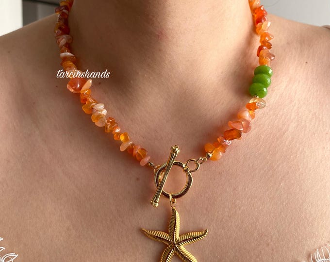 Orange Botswana Agate and Jade Toggle Necklace with Starfish Pendant,Summer Boho Gemstone Necklace,Orange Semi Precious Stone Jewelry