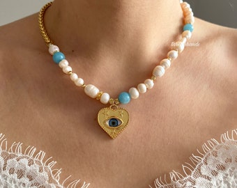 Chalcedony and pearl evil eye necklace , gemstone necklace , boho protect necklace , unique natural stone necklace , necklace for women