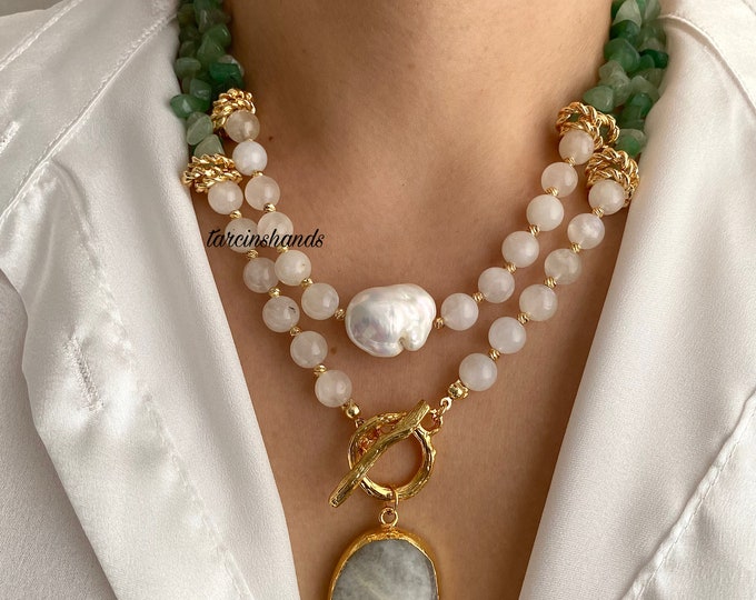 Multistrand Moonstone and Aventurine Gold Toggle Necklace with Baroque Pearl , Beaded Moonstone Necklace , Chunky Gemstone Necklace