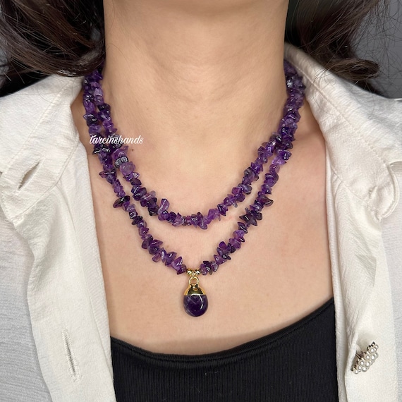 Multistrand Amethyst Necklace: Layered Natural Stone Healing Jewelry