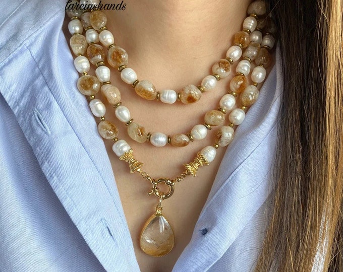 Citrine and Pearl Multistrand Beaded Necklace Citrine and Pearl Necklace , Multistrand beaded necklace , Citrine toggle necklace