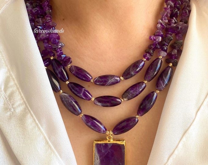 Multistrand Amethyst Gold Necklace,Chunky Natural Amethyst Necklace,Purple Semi Precious Stone Statement Necklace,Handmade Gemstone Necklace