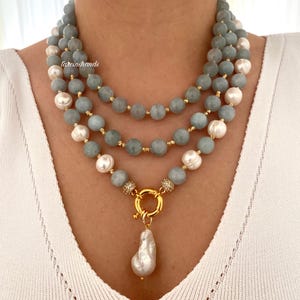 Aquamarine & Baroque Pearl Multistrand Necklace: Gold-Plated Statement Jewelry