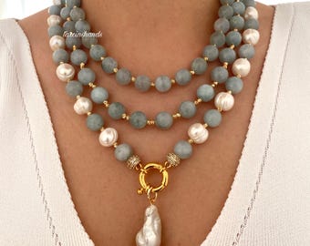 Aquamarine & Baroque Pearl Multistrand Necklace: Gold-Plated Statement Jewelry
