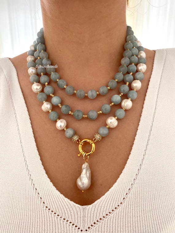 Aquamarine & Baroque Pearl Multistrand Necklace: Gold-Plated Statement Jewelry