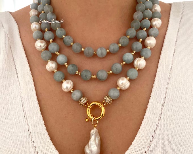 Multistrand Aquamarine and Baroque Pearl Gold Necklace,Blue Semi Precious Stone Necklace with Pearl, Statement Aquamarine Necklace