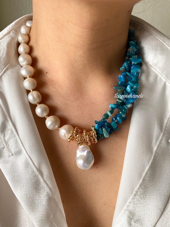 Apatite & Baroque Pearl Necklace: Gold-Plated Boho Statement Jewelry