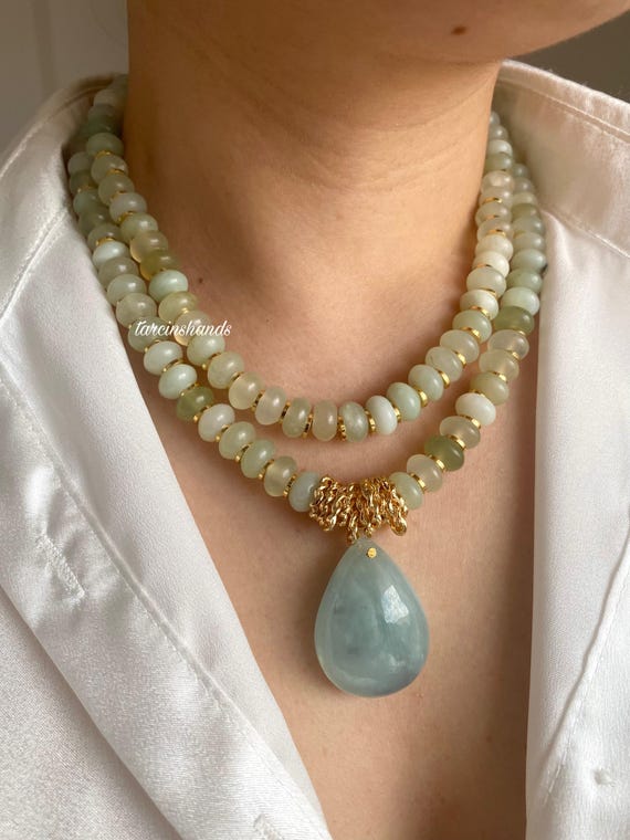 Jade Multistrand Necklace with Aquamarine Pendant: Gold-Plated Bohemian Jewelry