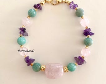 Amazonite Pink Quartz and Amethyst Gold Bracelet , Chunky Semi Precious Stone Bracelet, Multistone Bracelet, Handmade Gemstone Boho Jewelry