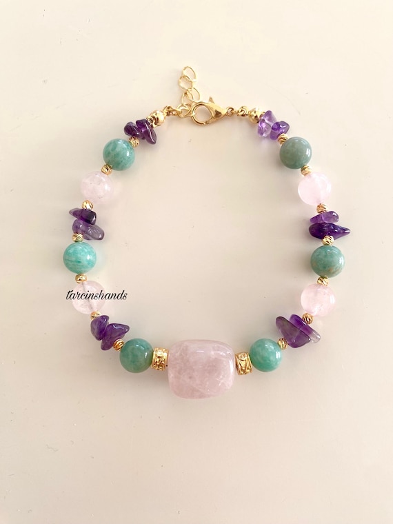 Handmade Amazonite, Pink Quartz & Amethyst Gold-Plated Bracelet