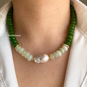 Handmade Green Jade Agate Necklace: Baroque Pearl, Gold Filled