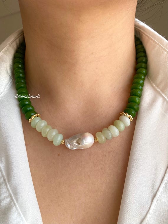 Handmade Green Jade Agate Necklace: Baroque Pearl, Gold Filled
