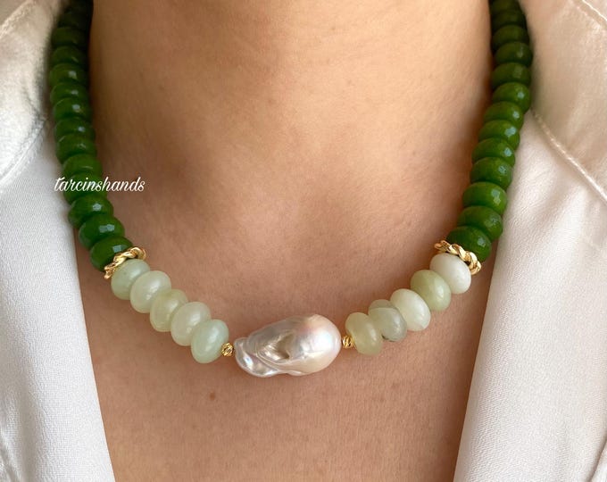Jade and Green Agate One Baroque Pearl Gold Filled Necklace,Green Semi Precious Stone Statement Necklace,Chunky Jade Necklace with Pearl