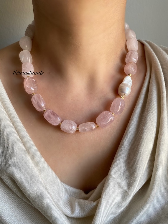 Pink Quartz Baroque Pearl Necklace: Gold-Plated Bohemian Jewelry