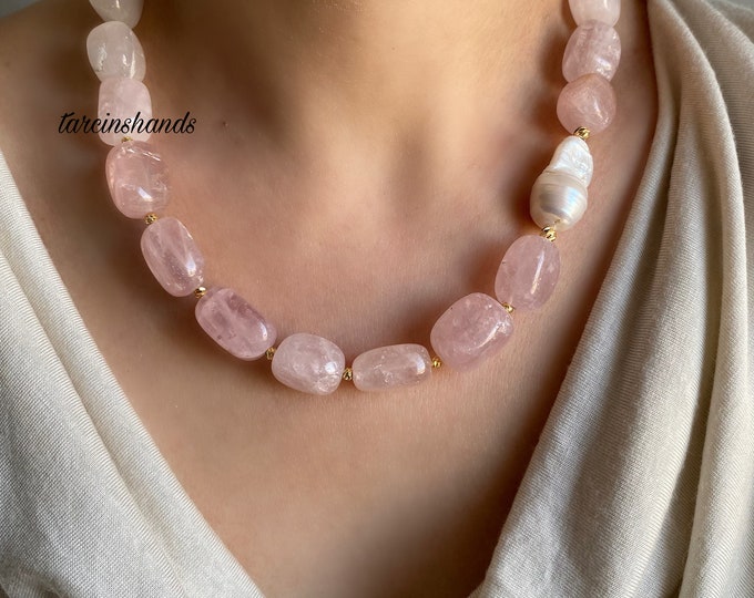 Pink Quartz Baroque Pearl Gold Filled Necklace , Irregular Shaped Natural Quartz Necklace with One Baroque Pearl