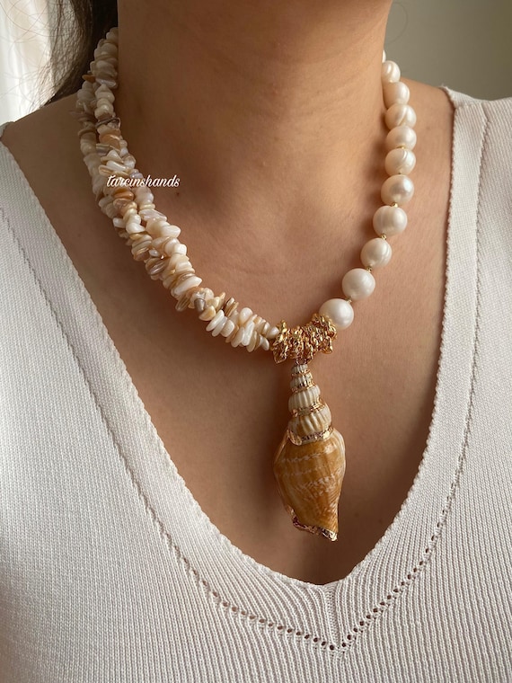 Baroque Pearl & Seashell Pendant Necklace: Boho Summer Statement Jewelry