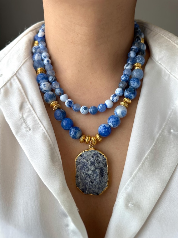 Moss Agate & Sodalite Pendant Necklace: Gold-Plated Boho Jewelry