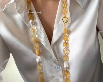 Long Citrine Baroque Pearl Gold Filled Toggle Necklace,Natural Big Bold Citrine Real Baroque Pearl Necklace,Statement Citrine Necklace