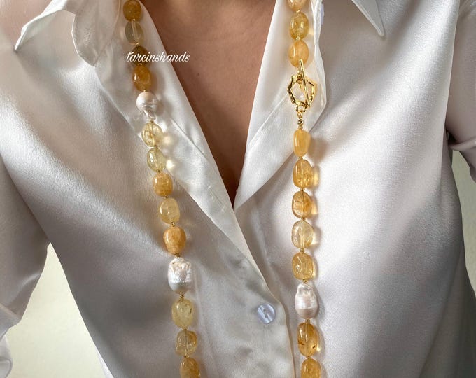 Long Citrine Baroque Pearl Gold Filled Toggle Necklace,Natural Big Bold Citrine Real Baroque Pearl Necklace,Statement Citrine Necklace