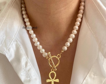 ANKH Freshwater Pearl Gold Toggle Necklace,Key of Life Necklace,Gold Ankh Necklace with Pearl,Mythological Jewelry,Gold Symbol Charm Pearl