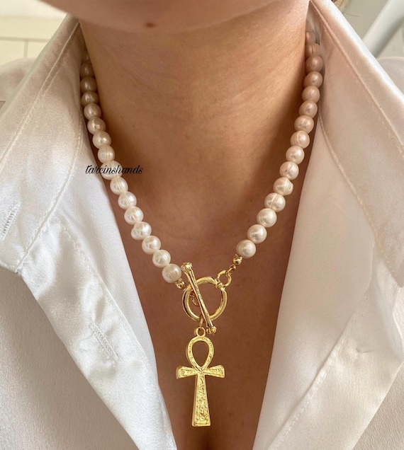 Freshwater Pearl Necklace: Gold Ankh Toggle Pendant, Mythological Jewelry