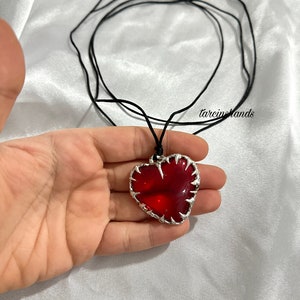 Spiky heart necklace red glass heart pendant necklace , gothic heart necklace , chunky heart necklace , cybery2k jewelry zdjęcie 6