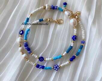 Freshwater Pearl and Mixed Beads Necklace with Evil Eye and Millefiori Accents - A Symphony of Summer Colors