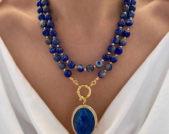Lapis Lazuli Necklace,Gold Plated Navy Blue Gemstone,Gift For Women