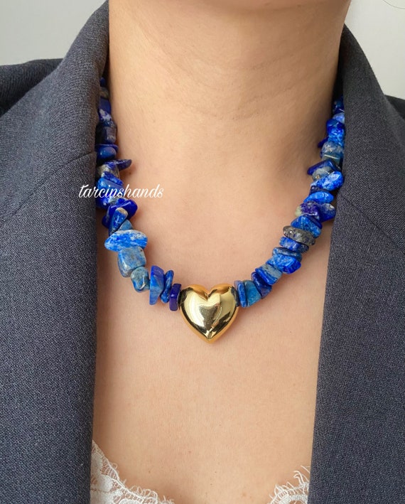 Lapis Lazuli Necklace: Gold-Plated Puffed Heart Charm, Chunky Gemstone