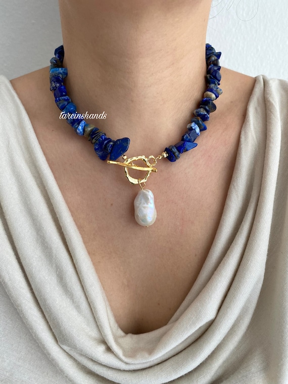 Lapis Lazuli & Baroque Pearl Necklace: Chunky Gemstone Statement Jewelry