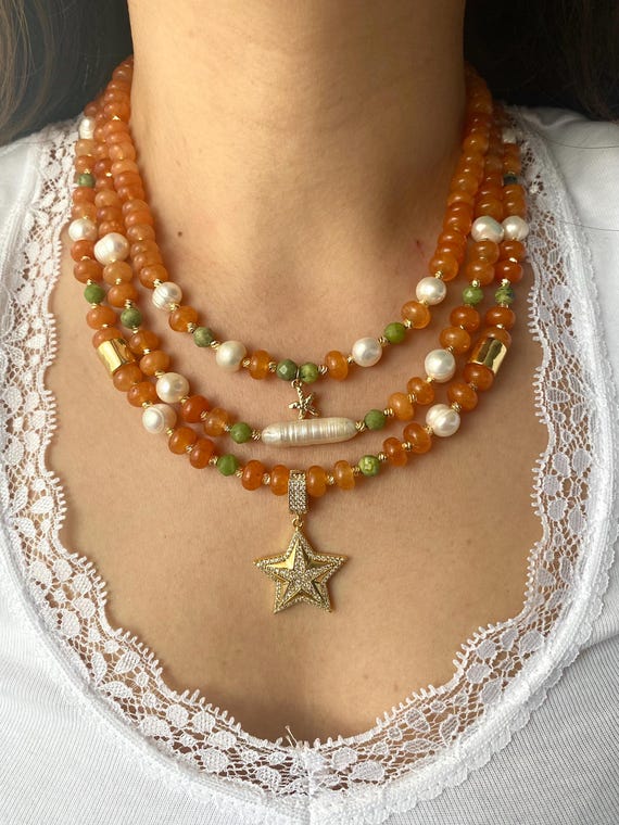 Orange Agate Jade Pearl Multistrand Necklace, Gold-Plated Star Pendant