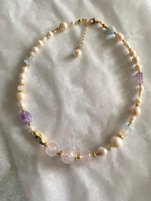 Rose Quartz Amethyst Aquamarine Pearl Necklace, Gold Plated Boho Statement Jewelry