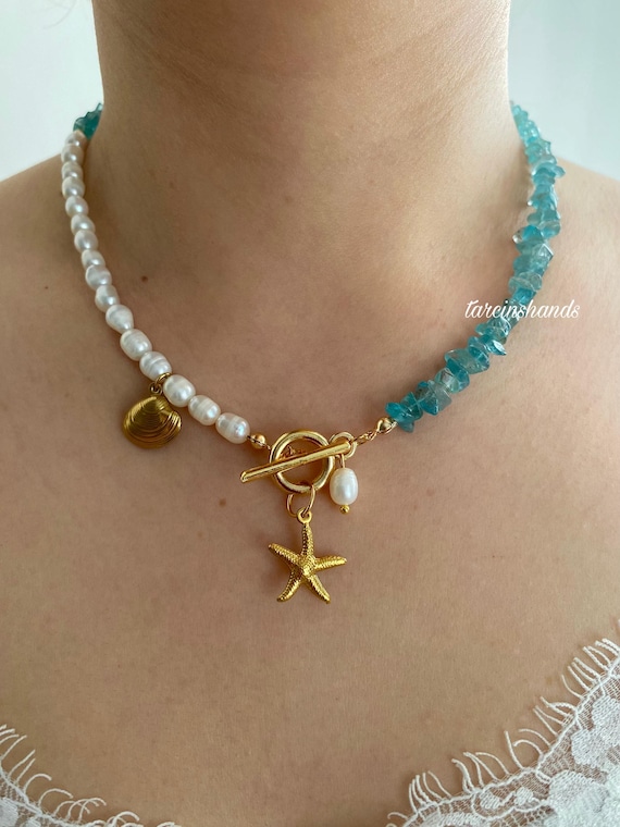 Apatite and Pearl Necklace: Gold Starfish Toggle, Ocean Charm