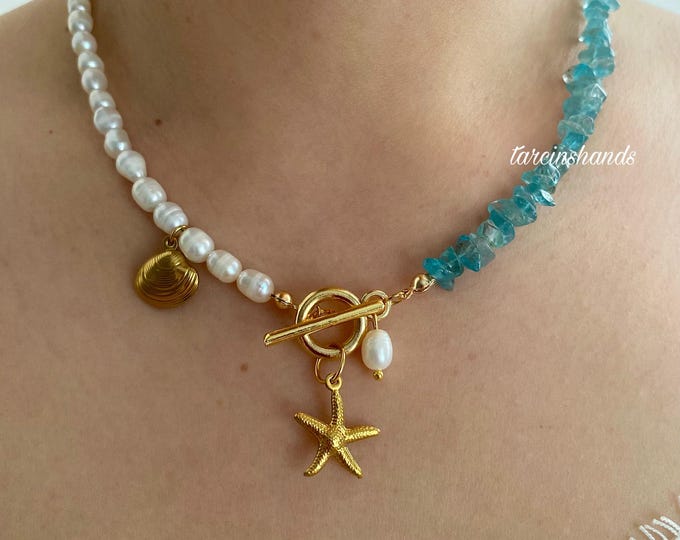 Apatite amd Freshwater Pearl Gold Filled Toggle Necklace with Starfish Shell Pendant,Ocean Charm Necklace,Dainty Minimalist Apatite Bead