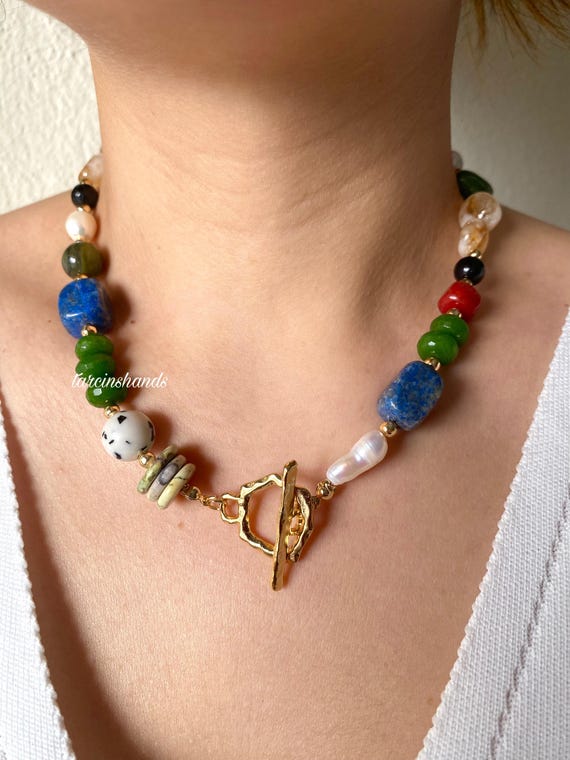 Chunky Gemstone Necklace: Gold Toggle, Mixed Stone Beaded Necklace