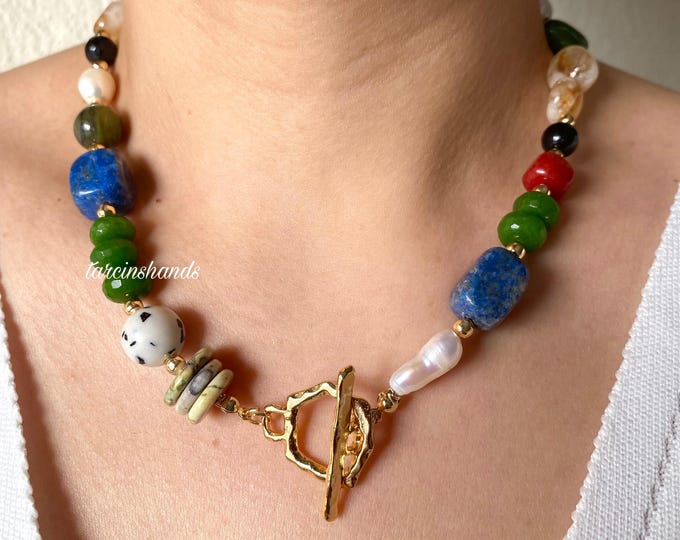 Chunky Mixed Gemstone Necklace with Gold Toggle,Beaded Semi Precious Stone Necklace, Handmade Gemstone Necklace For Women
