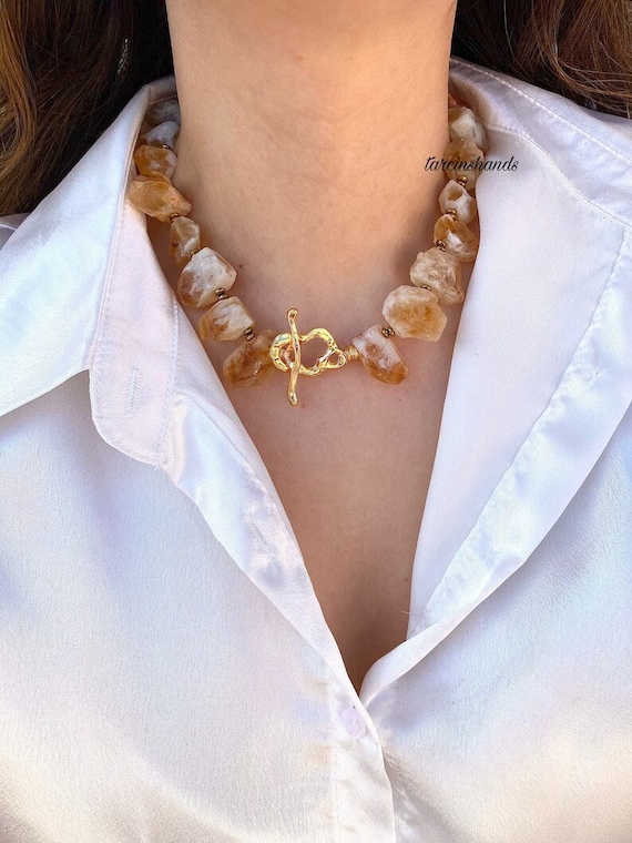 Raw Citrine Necklace: Chunky Gemstone Bead, Gold Plated Toggle Gift For
