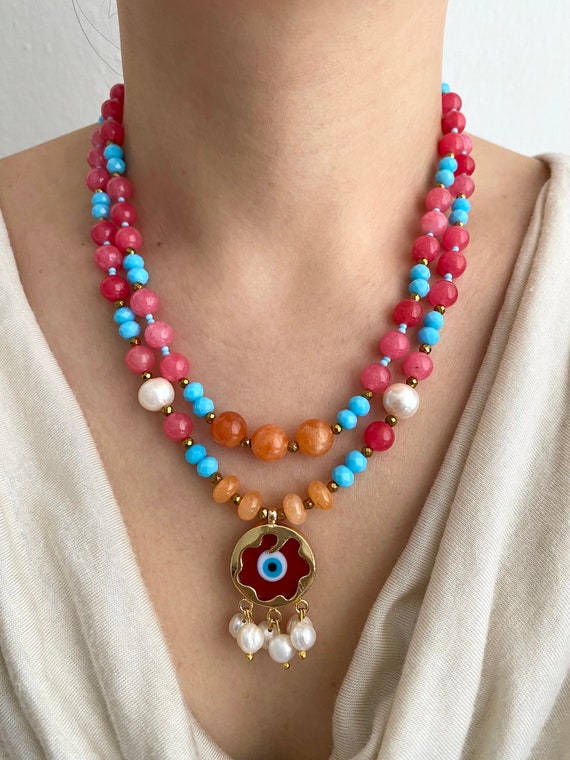 Multistrand Agate Jade Necklace: Evil Eye Charm, Freshwater Pearls