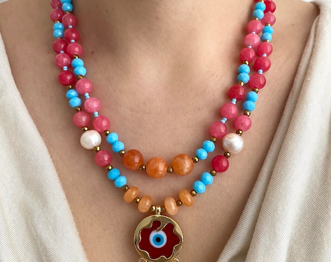 Multistrand Orange Jade and Pink Agate Pearl Necklace with Evil Eye Pendant , Pearl and Gemstone Colorful Bead Necklace , Gift For Women