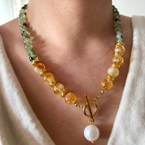 Citrine & Prehnite Necklace: Pearl Pendant, Boho Gemstone Beaded Jewelry