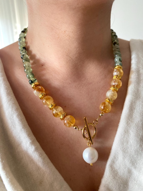 Citrine & Prehnite Necklace: Pearl Pendant, Boho Gemstone Beaded Jewelry