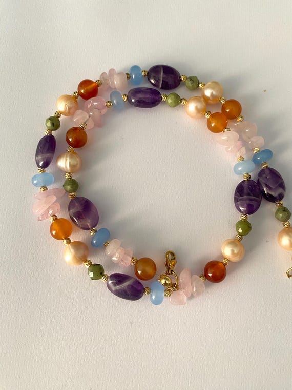 Amethyst Jade Agate Pearl Necklace: Gold Plated Bohemian Gemstone Gift For