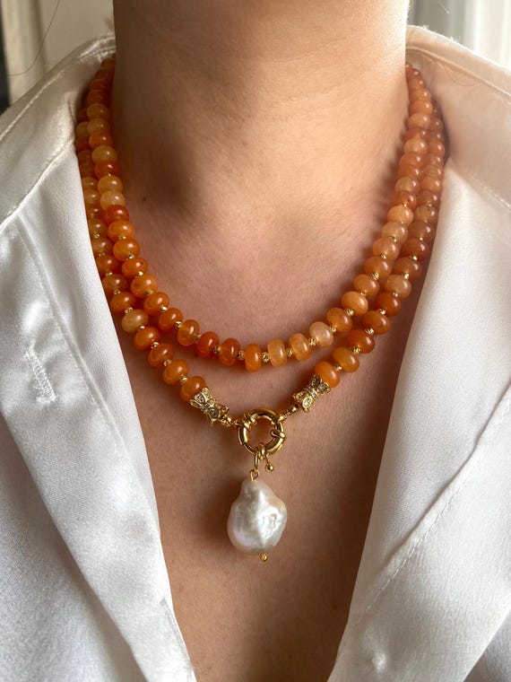 Orange Agate Statement Necklace, Baroque Pearl Pendant, Gold Plated Multistrand Jewelry, Vibrant Energy Choker, Summer Boho Gift